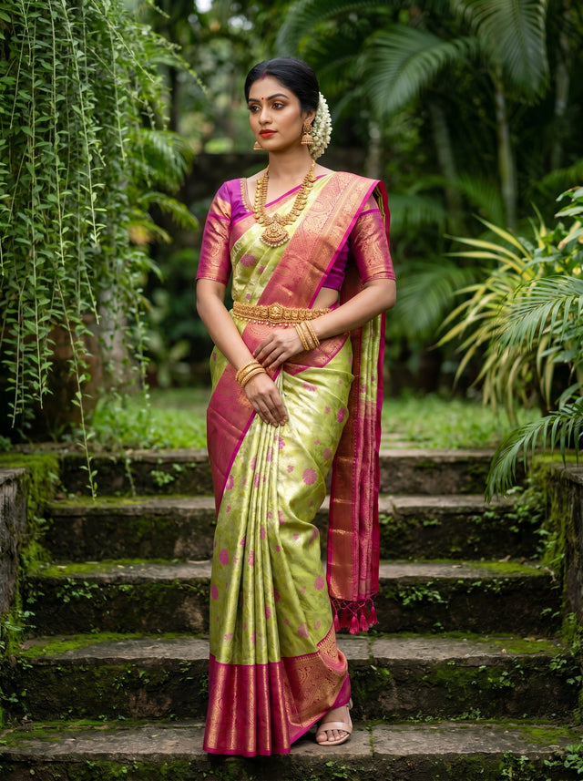 MIMOSA Olive Kanjivaram Art Silk Saree — front view on mannequin