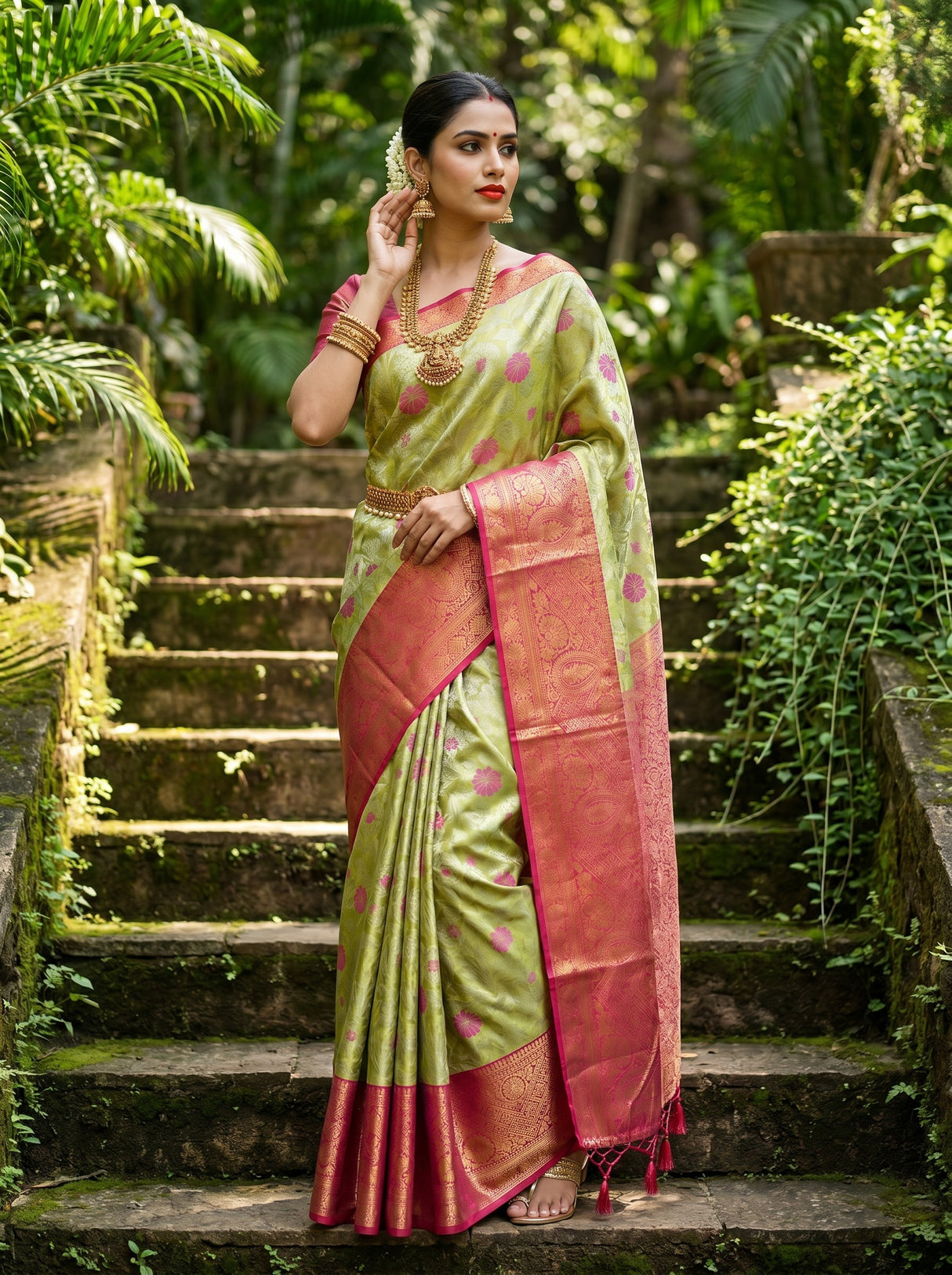 MIMOSA Olive Kanjivaram Art Silk Saree — pose 8 styling detail