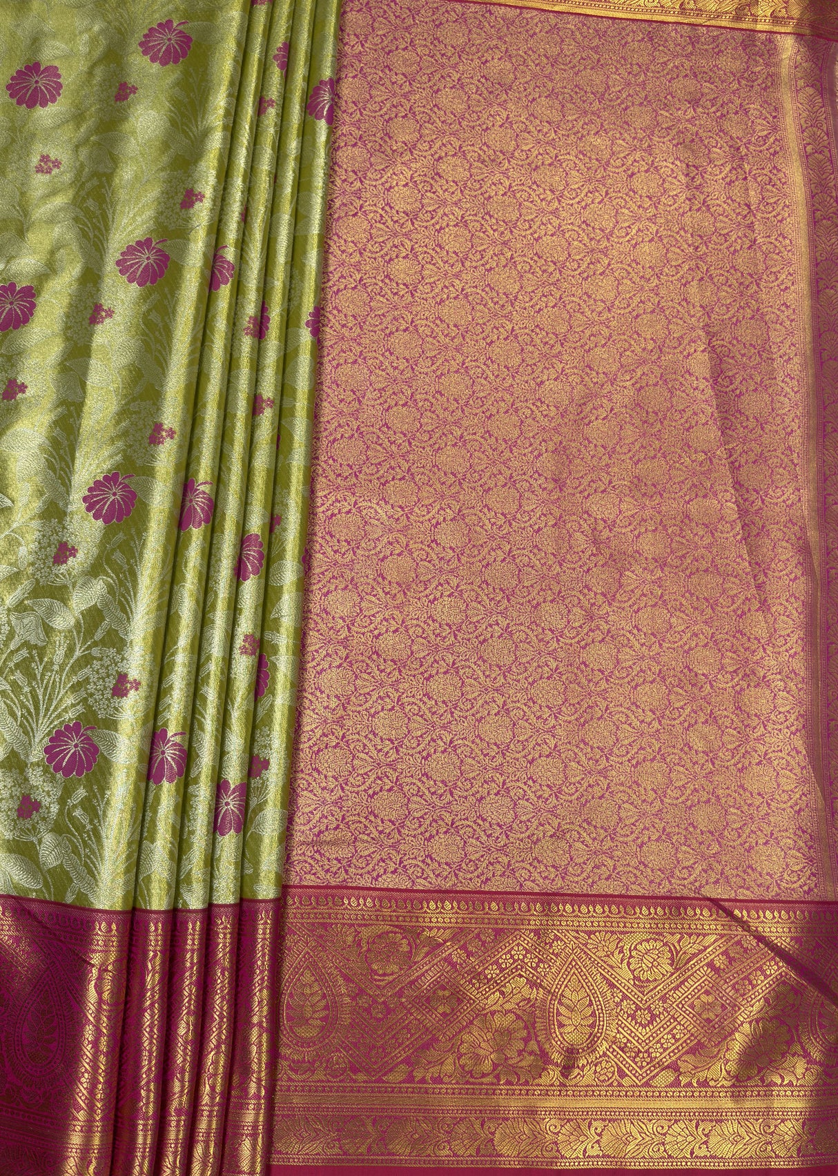 MIMOSA Olive Kanjivaram Art Silk Saree — pallu and zari work detail