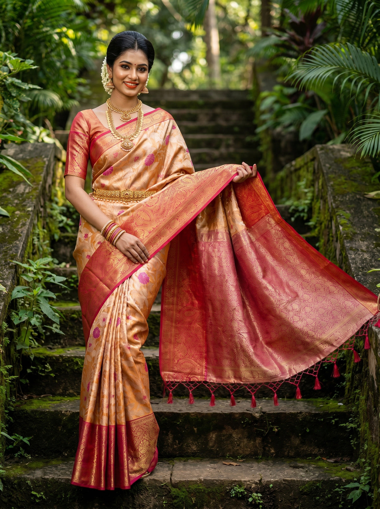 MIMOSA Orange Kanjivaram Art Silk Saree — pose 6 styling detail