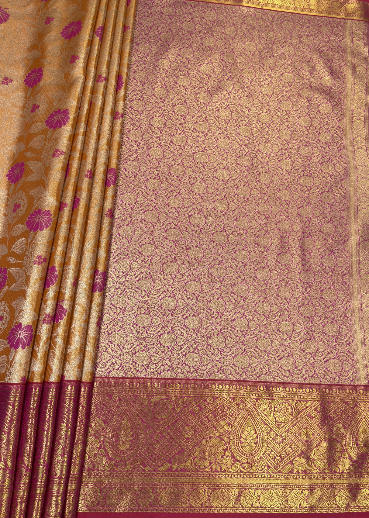 MIMOSA Orange Kanjivaram Art Silk Saree — pallu and zari work detail