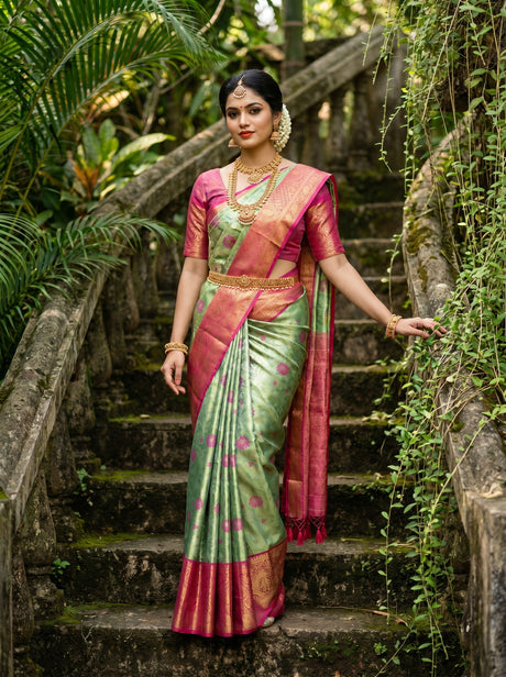 MIMOSA Rama Kanjivaram Art Silk Saree — front view on mannequin