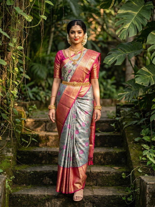 MIMOSA Saffire Kanjivaram Art Silk Saree — front view on mannequin