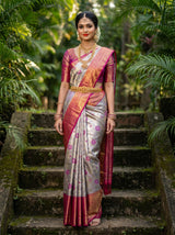 MIMOSA Violet Kanjivaram Art Silk Saree — front view on mannequin