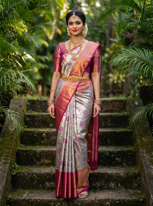 MIMOSA Violet Kanjivaram Art Silk Saree — front view on mannequin
