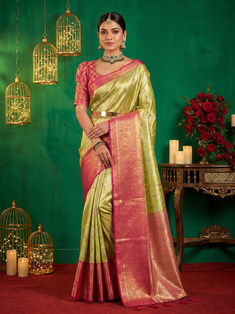 MIMOSA Green Kanjivaram Art Silk Saree — draped on mannequin