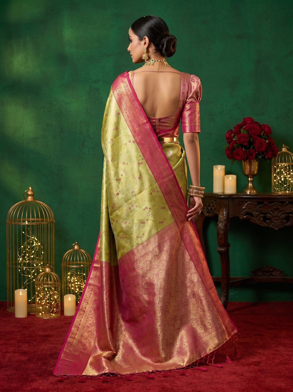 MIMOSA Green Kanjivaram Art Silk Saree — unstitched blouse fabric