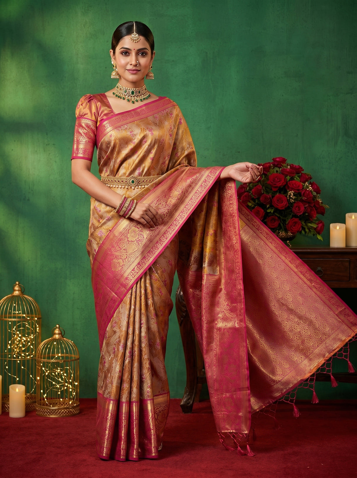 MIMOSA Maroon Kanjivaram Art Silk Saree — full view on model