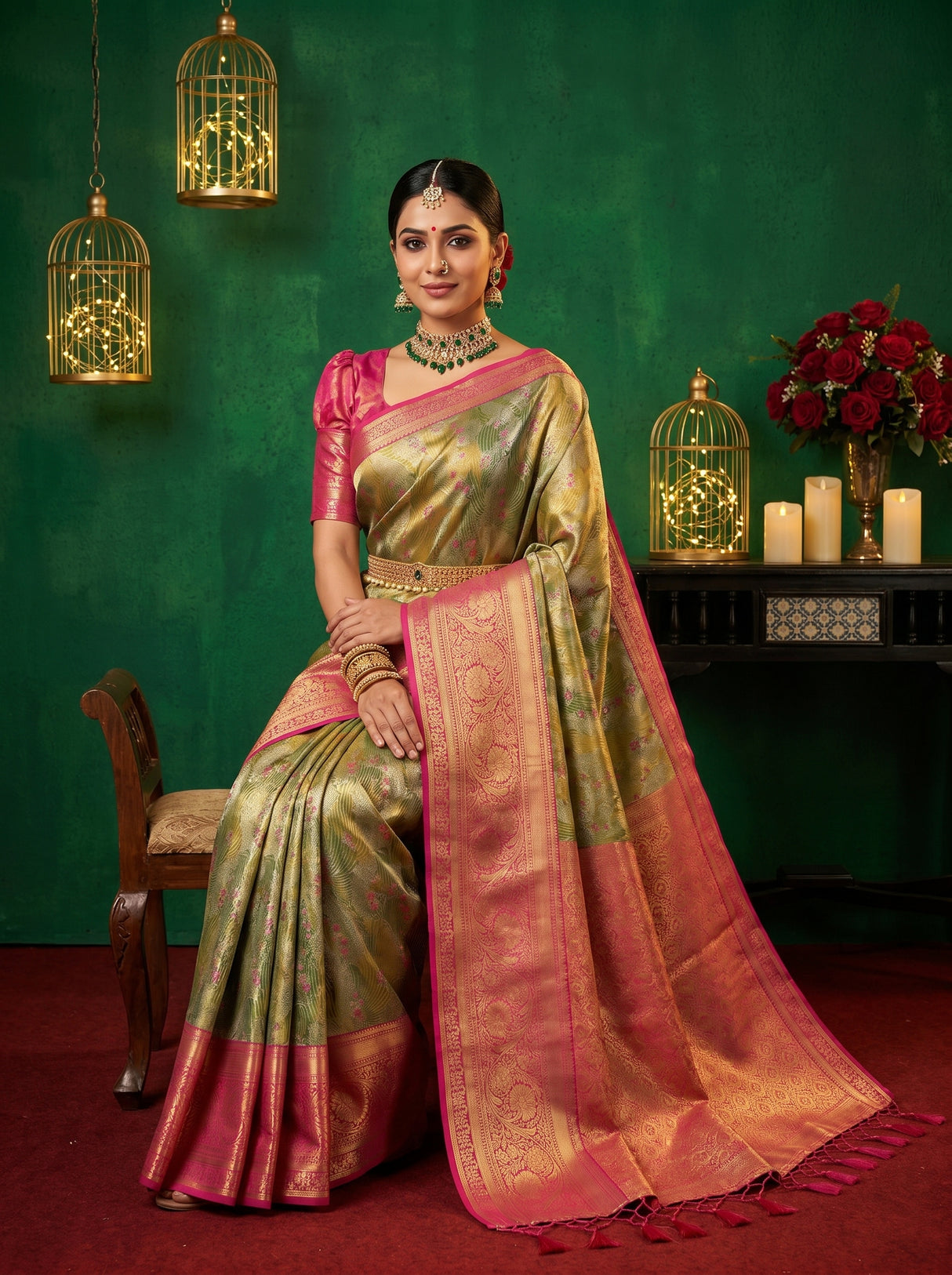 MIMOSA Olive Kanjivaram Art Silk Saree — pose 8 styling detail