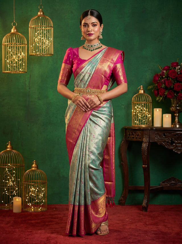 MIMOSA Saffire Kanjivaram Art Silk Saree — draped on mannequin