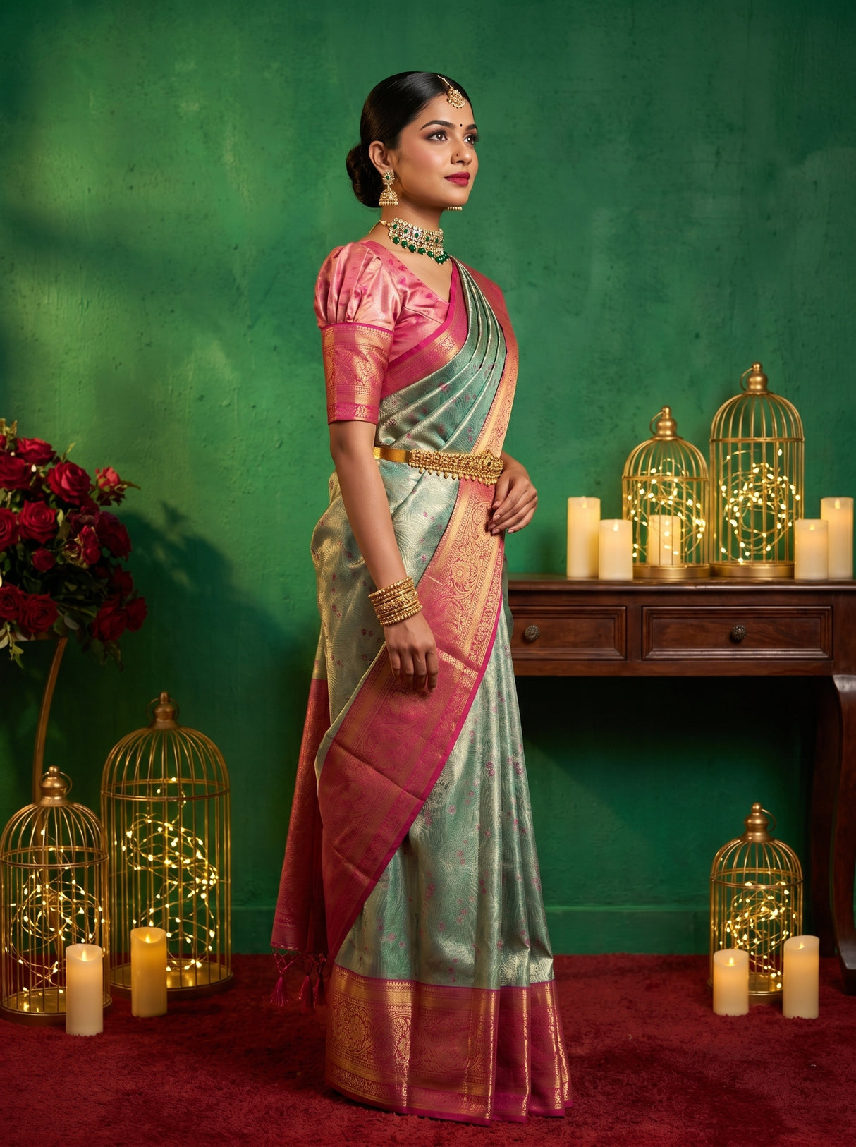 MIMOSA Saffire Kanjivaram Art Silk Saree — full view on model