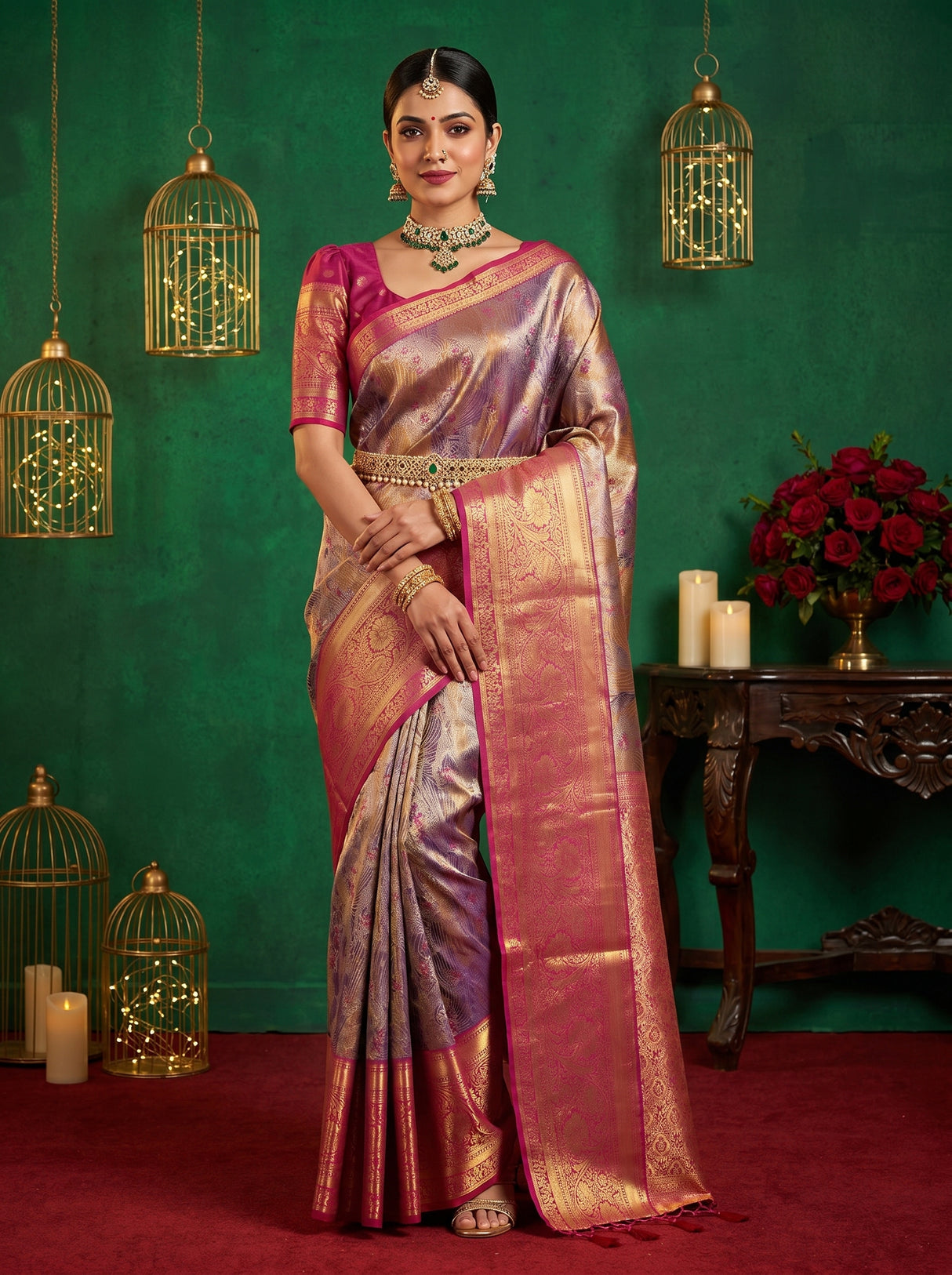 MIMOSA Violet Kanjivaram Art Silk Saree — draped on mannequin