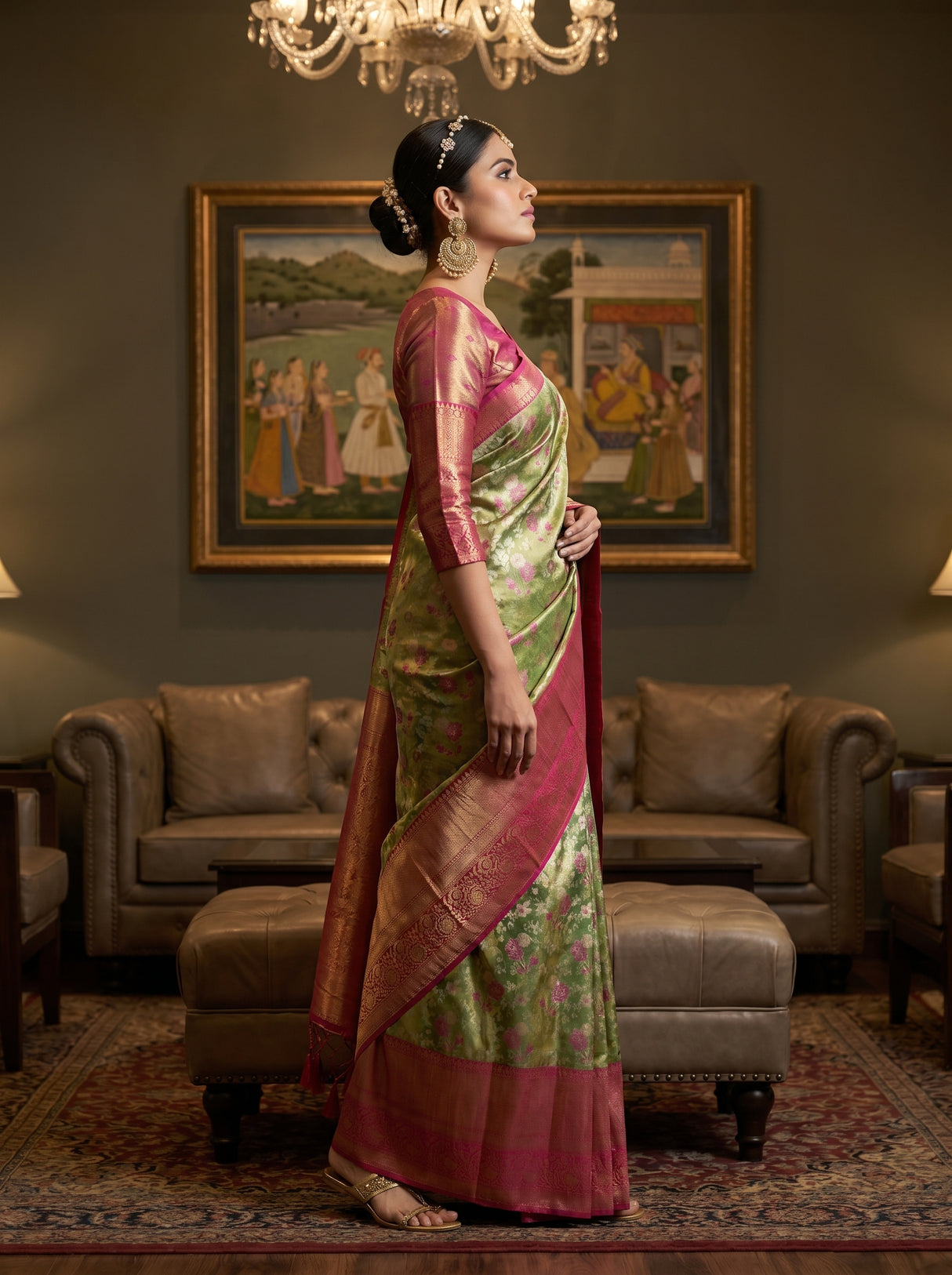 MIMOSA Green Kanjivaram Art Silk Saree — AI Model Full View