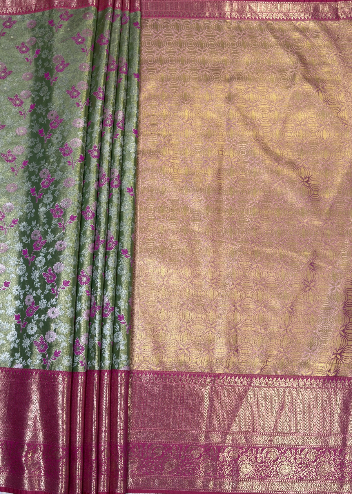 MIMOSA Green Kanjivaram Art Silk Saree — pallu and zari work detail