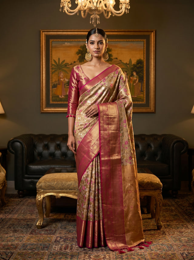 MIMOSA Maroon Kanjivaram Art Silk Saree — Draped Mannequin View