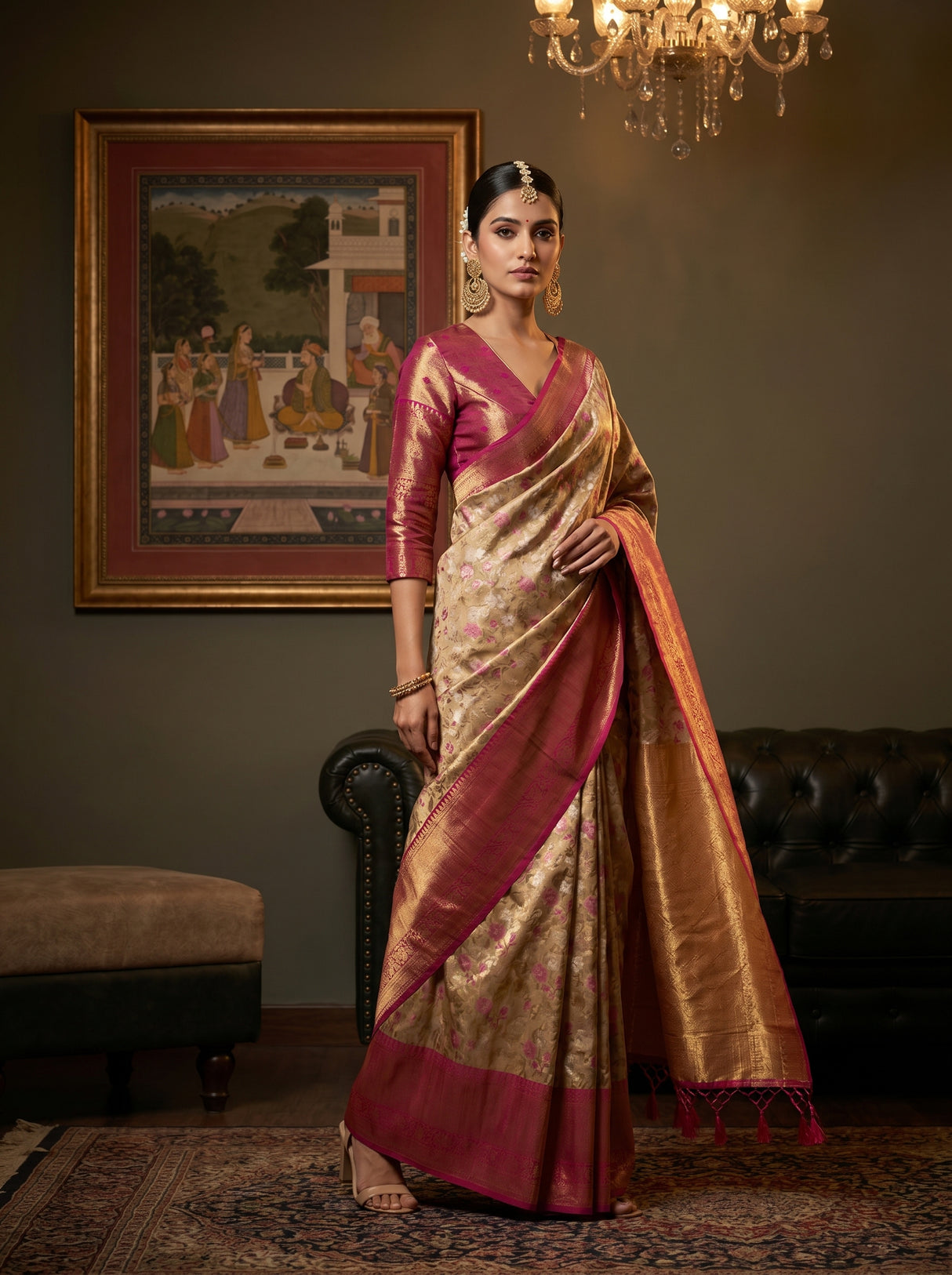MIMOSA Maroon Kanjivaram Art Silk Saree — AI Model Full View
