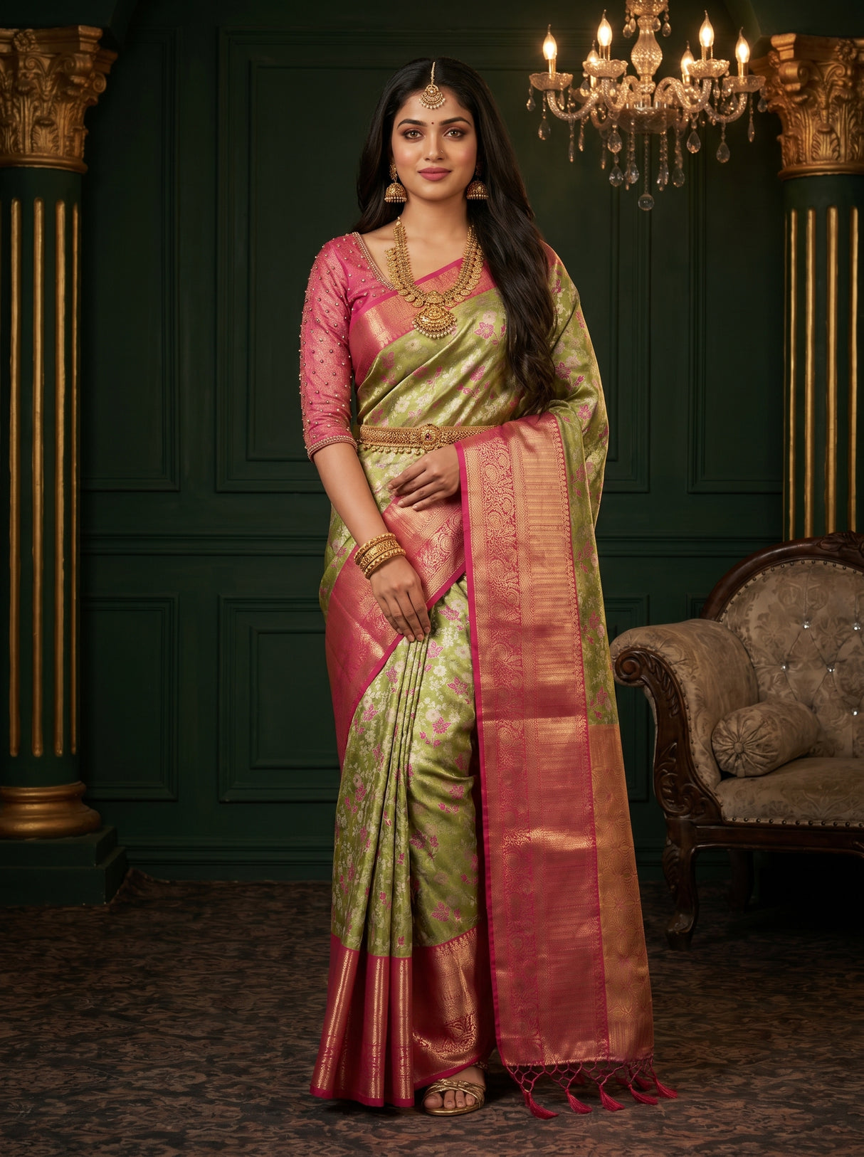 MIMOSA Olive Kanjivaram Art Silk Saree — Draped Mannequin View