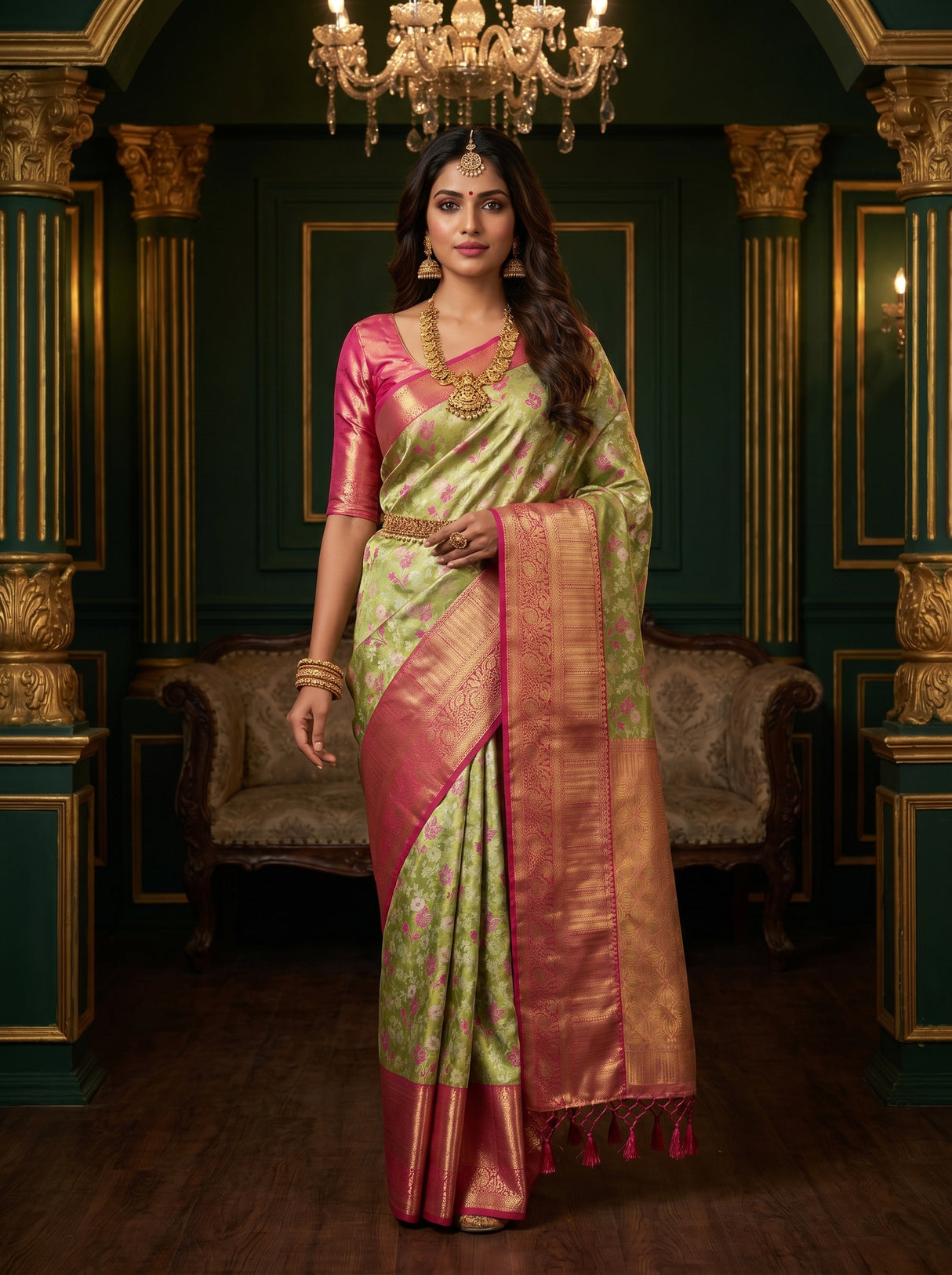 MIMOSA Olive Kanjivaram Art Silk Saree — AI Model Full View