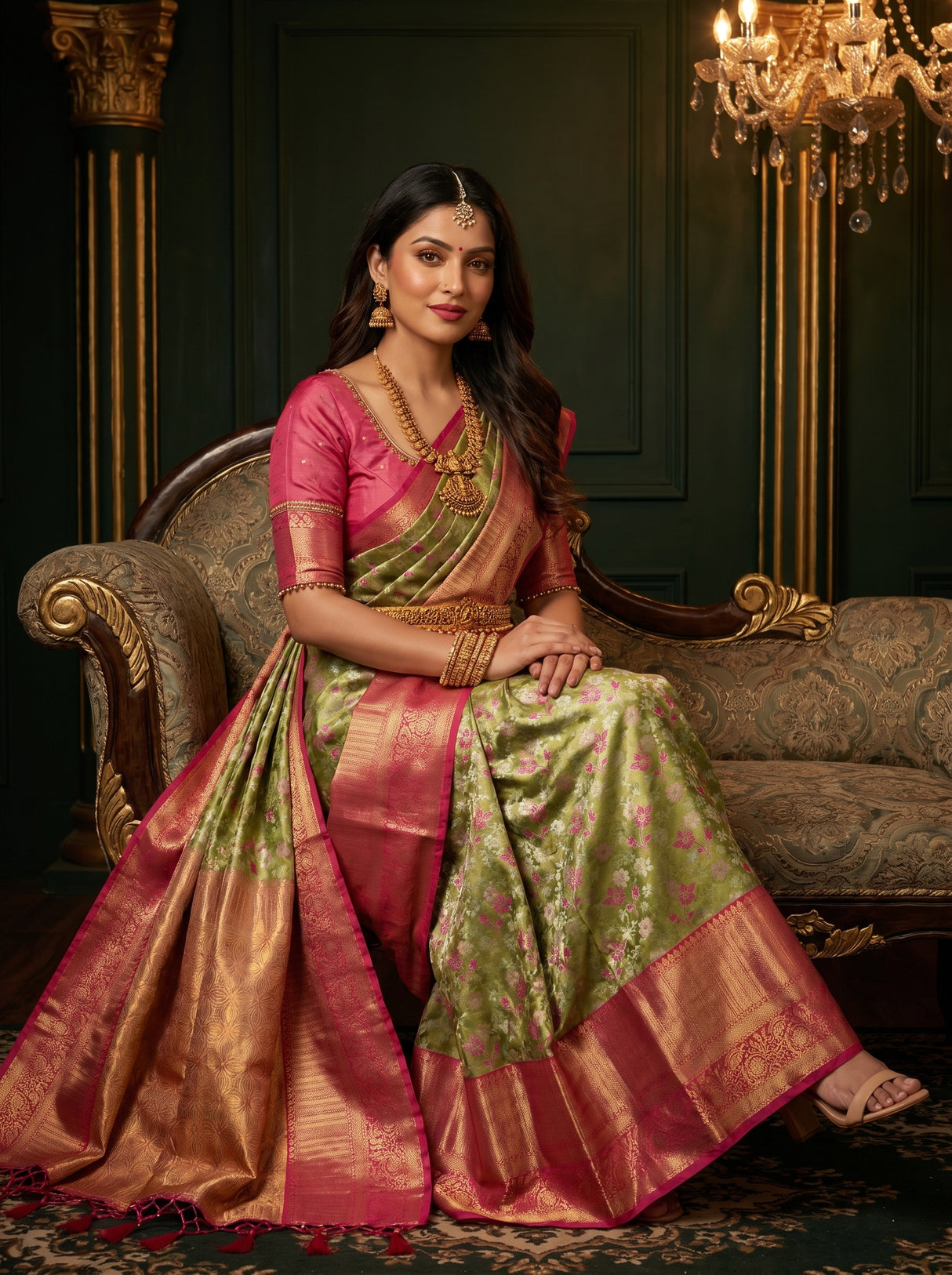 MIMOSA Olive Kanjivaram Art Silk Saree — pose 8 styling detail