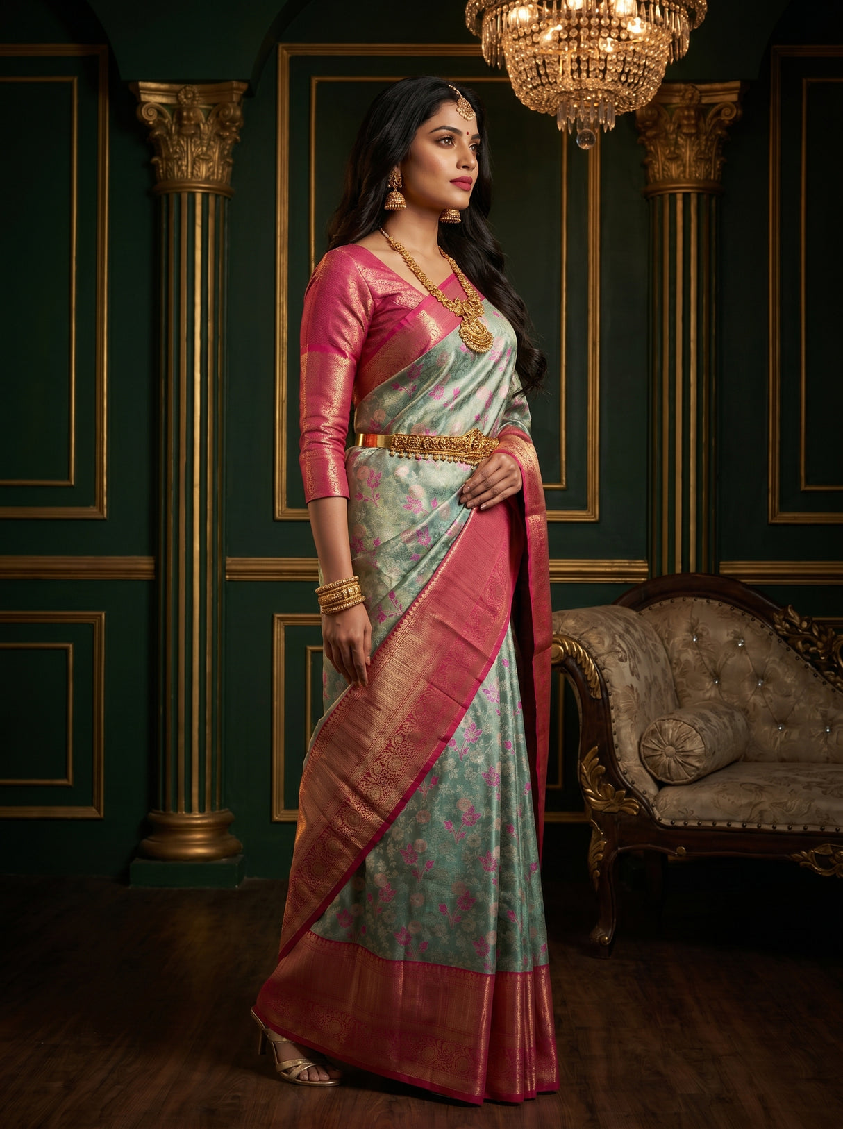 MIMOSA Saffire Kanjivaram Art Silk Saree — AI Model Full View