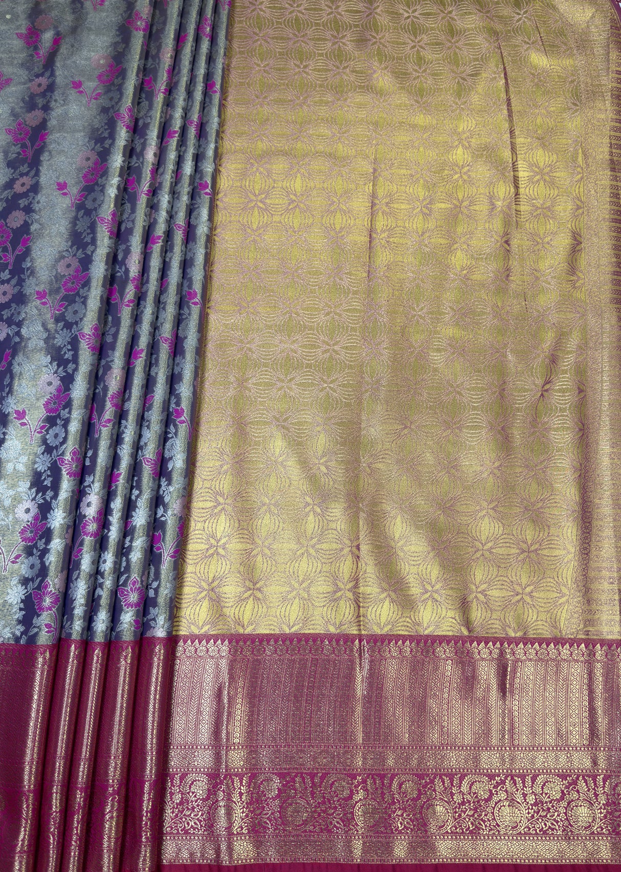 MIMOSA Violet Kanjivaram Art Silk Saree — pallu and zari work detail