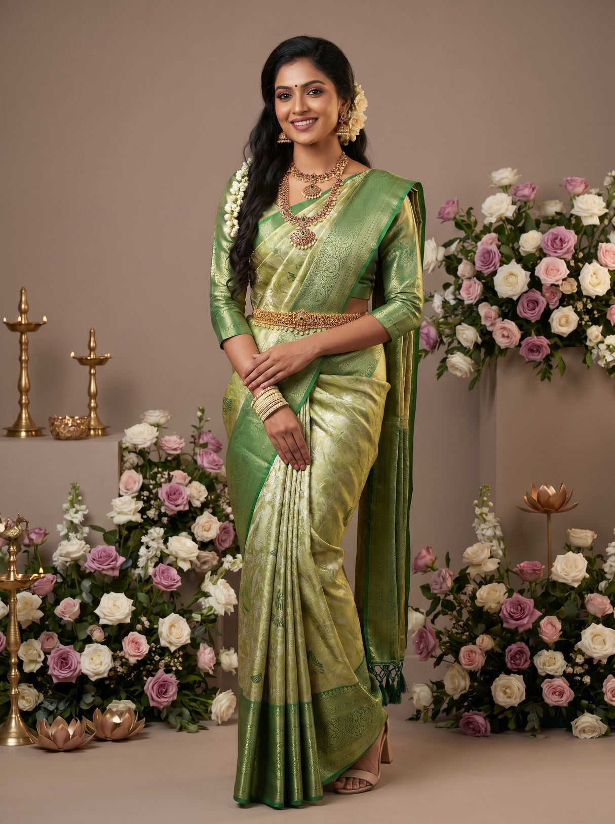 MIMOSA Olive Kanjivaram Art Silk Saree — Mannequin Draped View