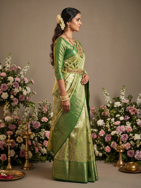MIMOSA Olive Kanjivaram Art Silk Saree — Unstitched Blouse Fabric