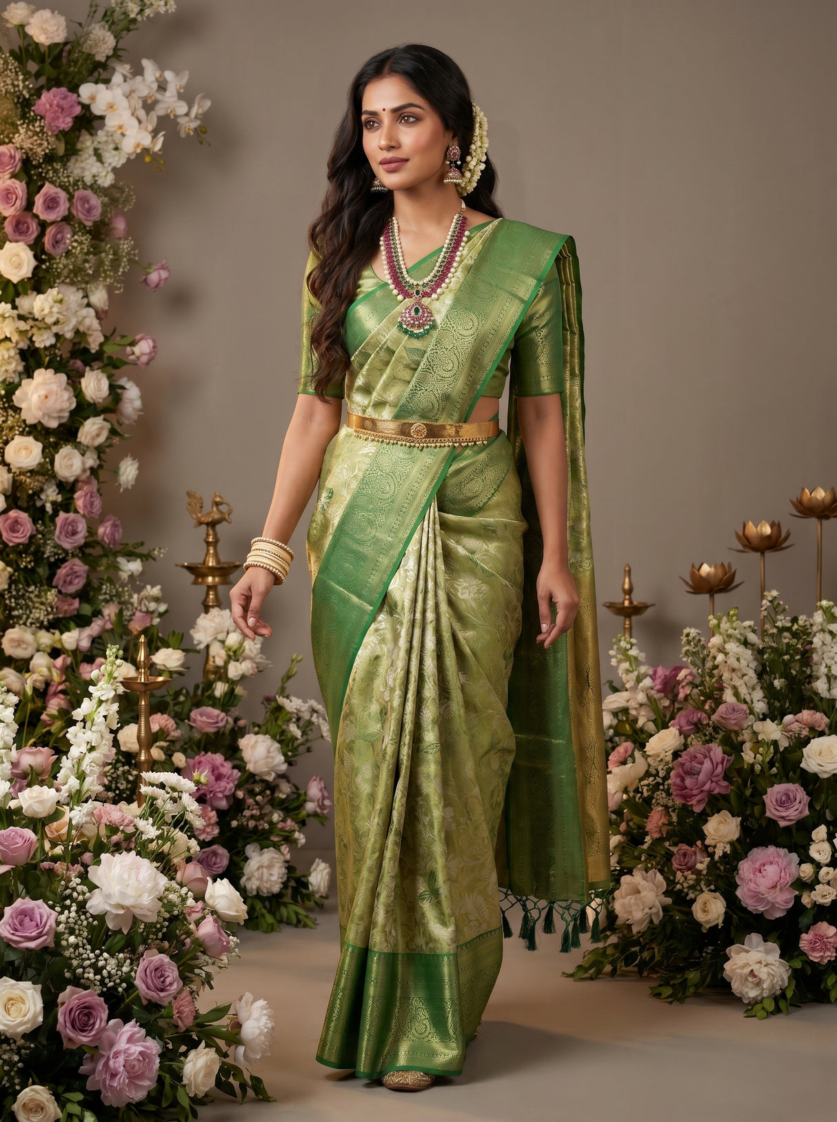 MIMOSA Olive Kanjivaram Art Silk Saree — Styled on Model