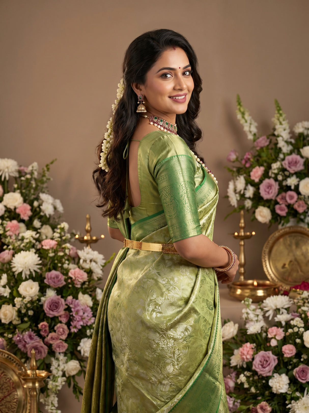 MIMOSA Olive Kanjivaram Art Silk Saree — pose 9 styling detail