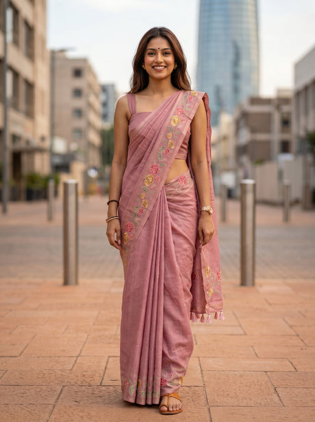 MIMOSA Gajari Banarasi Art Silk Saree — AI Model lifestyle pose 1