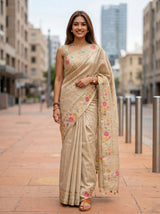 MIMOSA Tussar Banarasi Art Silk Saree — AI Model lifestyle pose 1