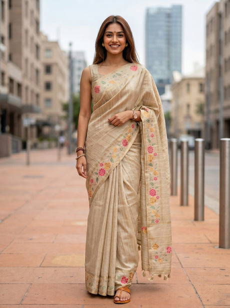 MIMOSA Tussar Banarasi Art Silk Saree — AI Model lifestyle pose 1
