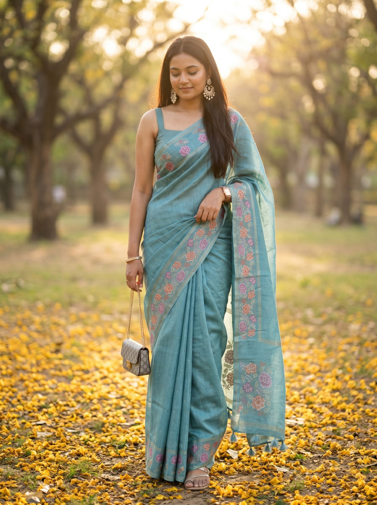 MIMOSA Sapphire Banarasi Art Silk Saree — AI Model lifestyle / pose 1
