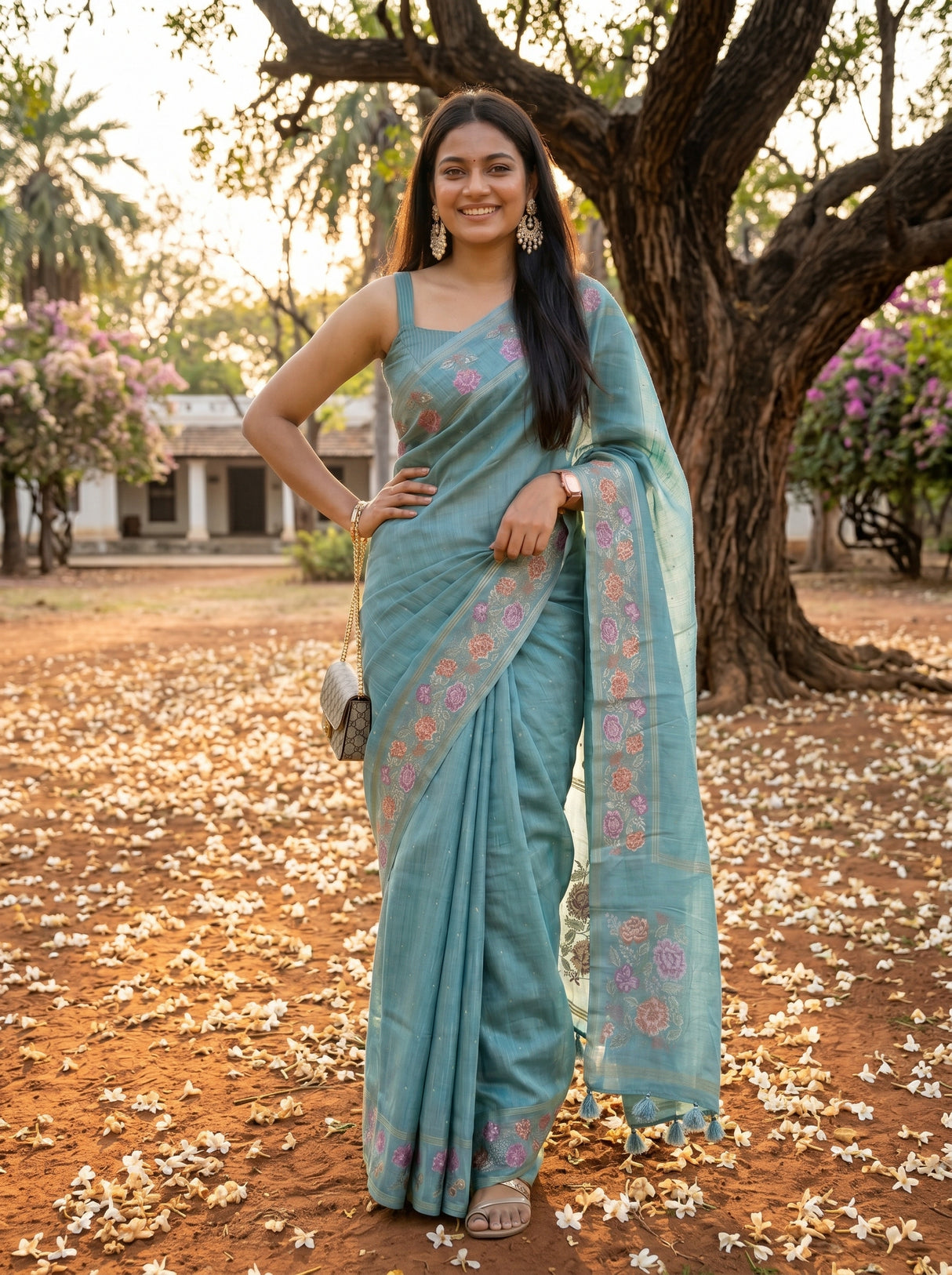 MIMOSA Sapphire Banarasi Art Silk Saree — pose 4 styling detail