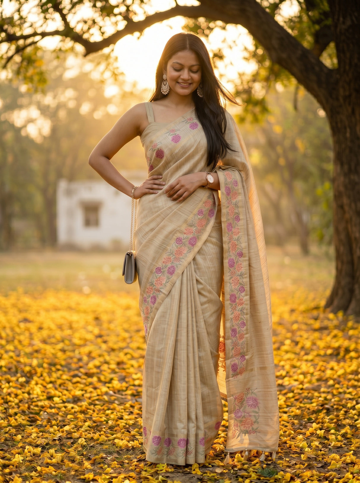 MIMOSA Tussar Banarasi Art Silk Saree — pose 4 styling detail