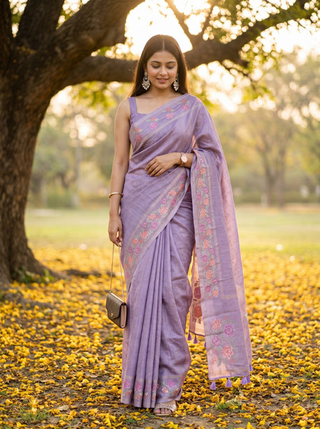 MIMOSA Violet Banarasi Art Silk Saree — AI Model lifestyle / pose 1
