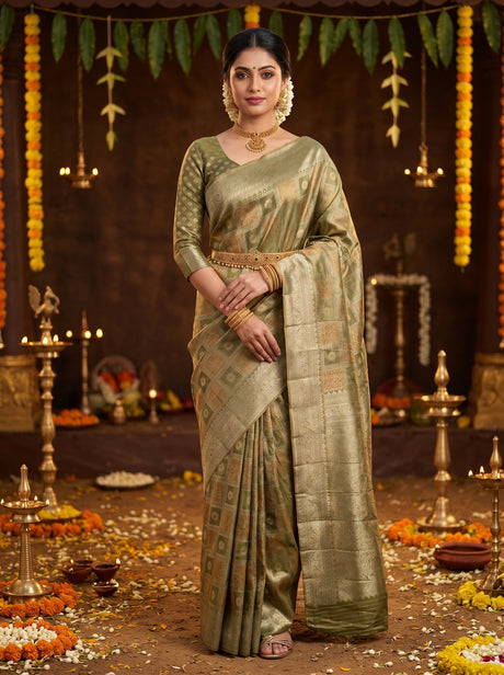 MIMOSA Green Kanjivaram Art Silk Saree — AI Model lifestyle pose