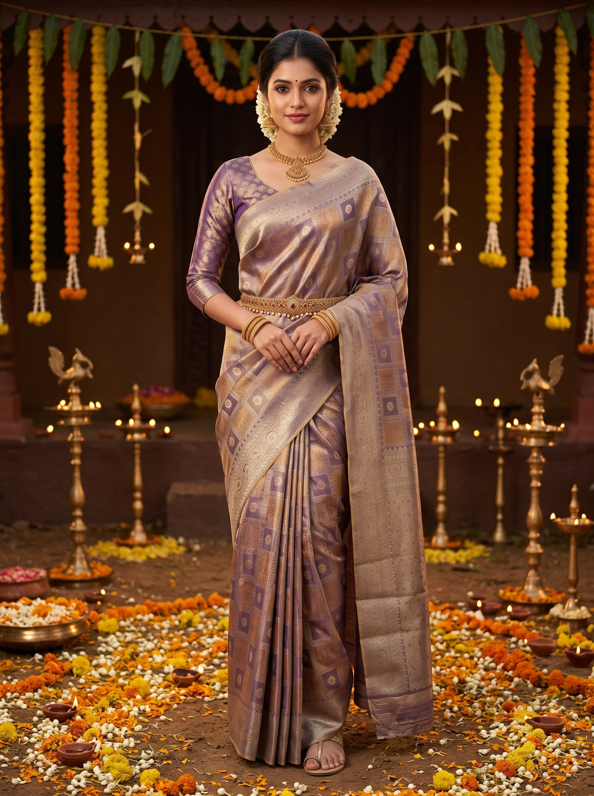 MIMOSA Violet Kanjivaram Art Silk Saree — AI Model lifestyle pose