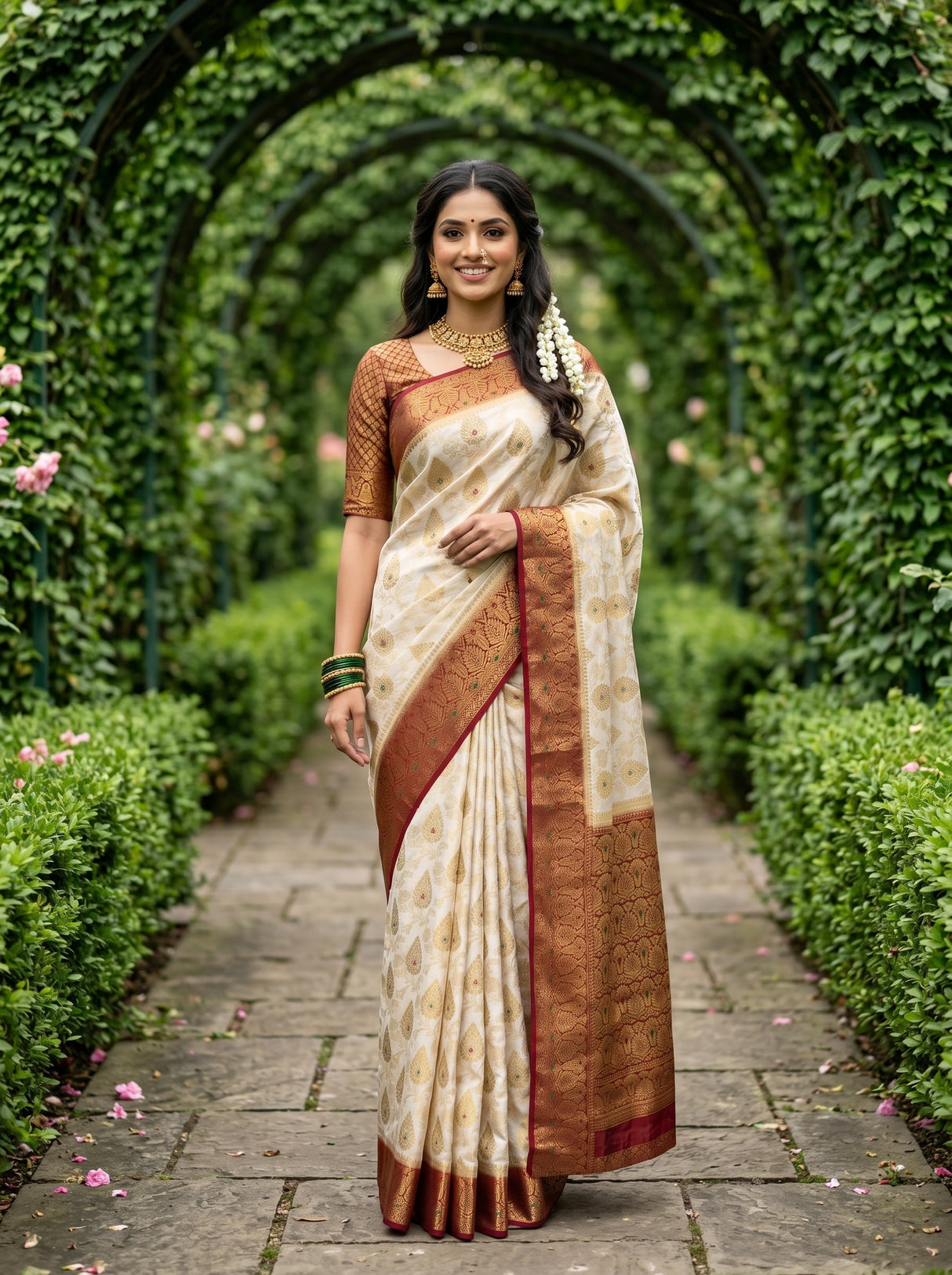 MIMOSA White Kanjivaram Art Silk Saree — AI Model lifestyle pose 1