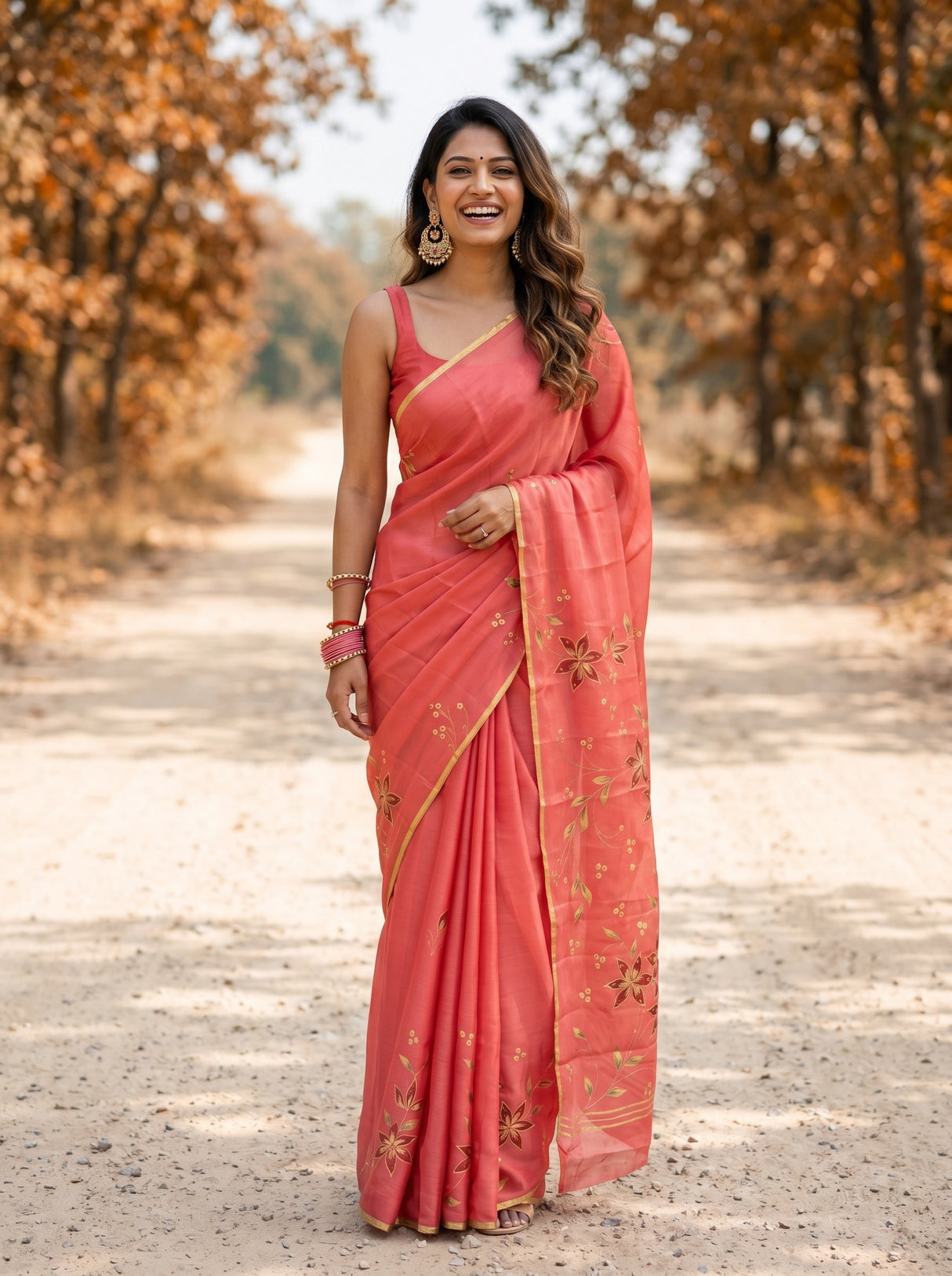 MIMOSA Peach Banarasi chiffon Saree — AI model smiling