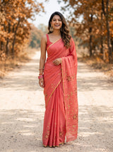 MIMOSA Peach Banarasi chiffon Saree — AI model smiling