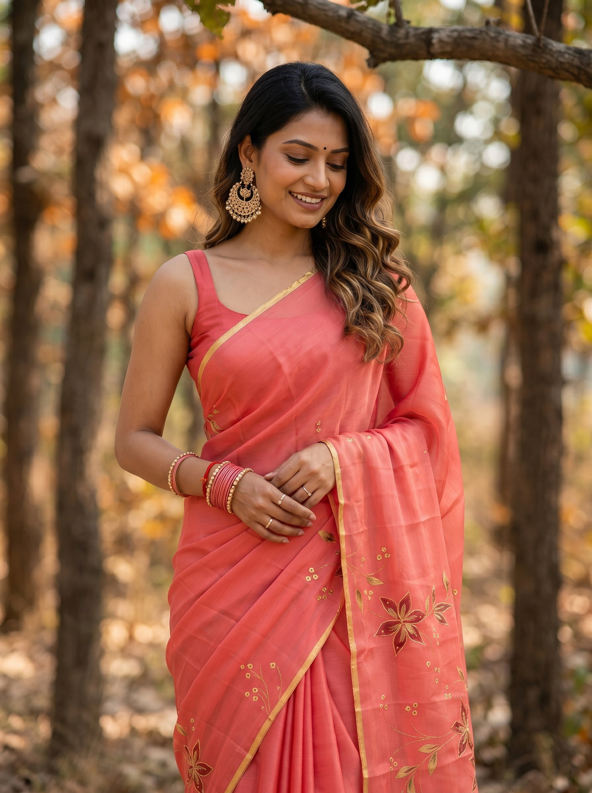 MIMOSA Peach Banarasi chiffon Saree — ground detail
