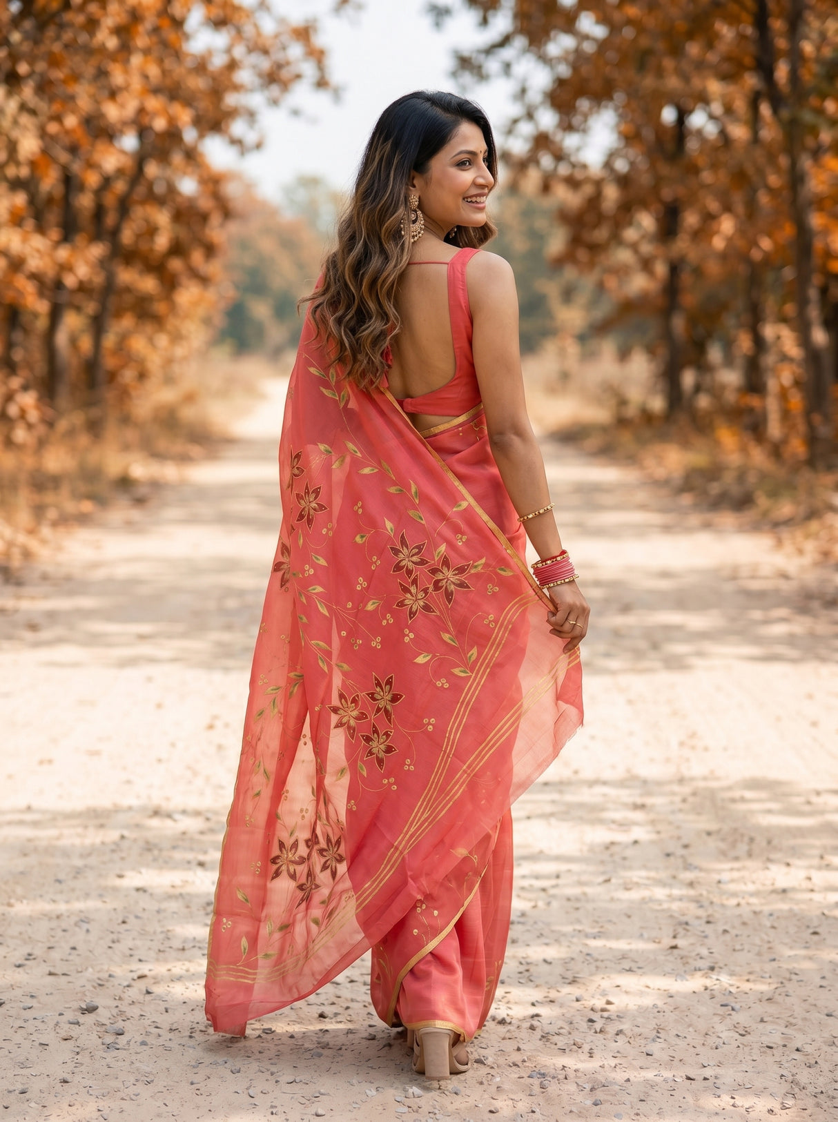 MIMOSA Peach Banarasi chiffon Saree — close up of model's face