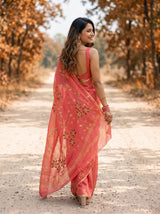 MIMOSA Peach Banarasi chiffon Saree — close up of model's face