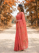 MIMOSA Peach Banarasi chiffon Saree — close up of model's hair