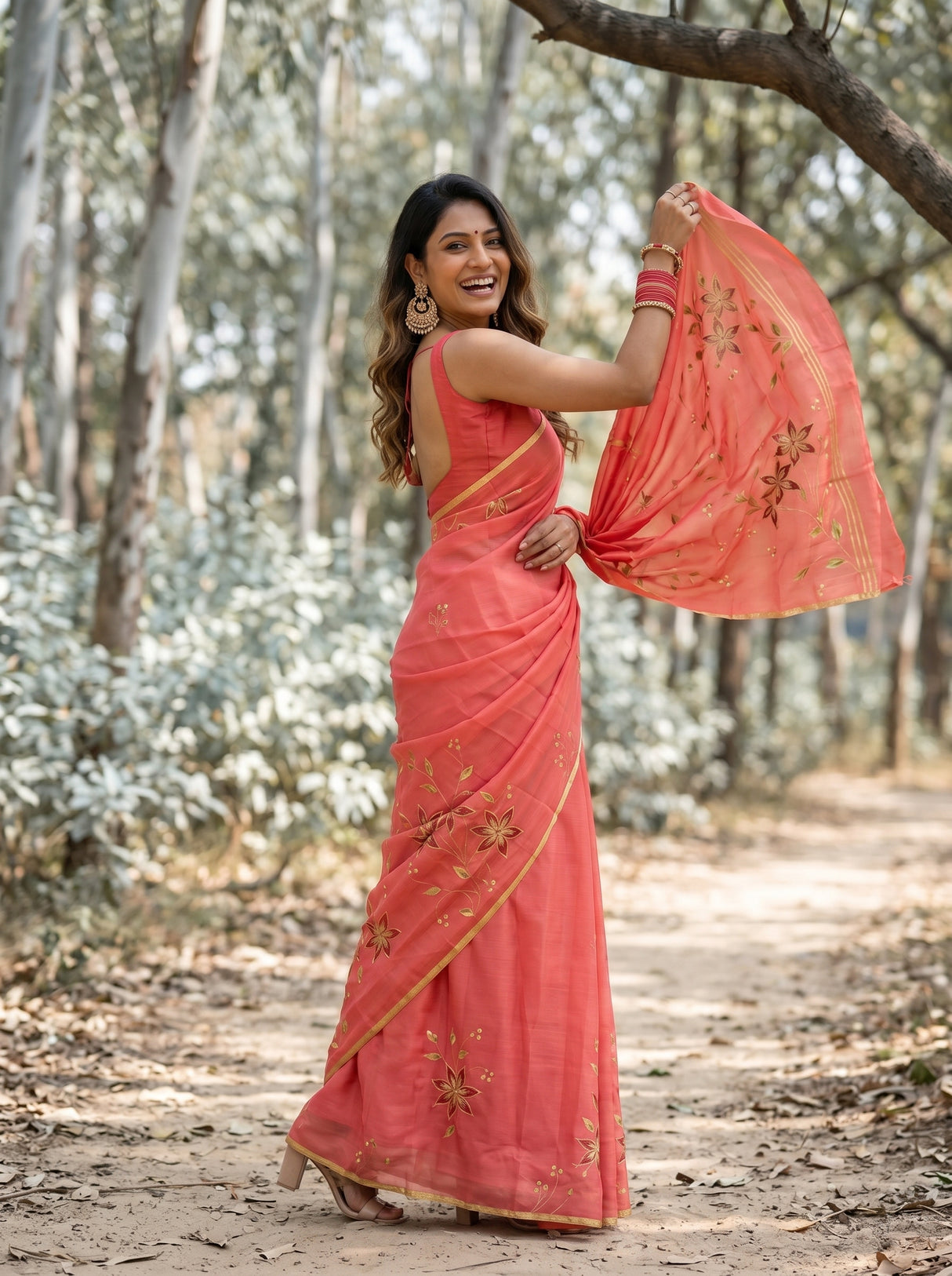 MIMOSA Peach Banarasi chiffon Saree — close up of saree drape and blouse