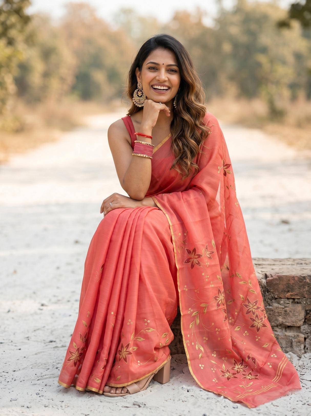 MIMOSA Peach Banarasi chiffon Saree — mid-section of saree and ground