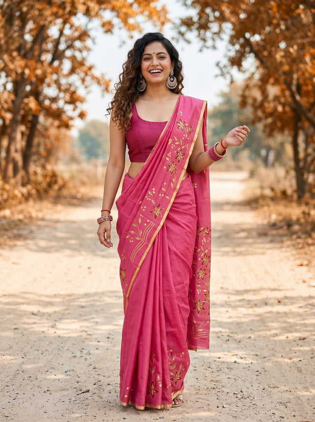 MIMOSA Pink Banarasi chiffon Saree — AI model smiling