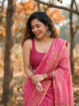 MIMOSA Pink Banarasi chiffon Saree — lower half of saree and ground