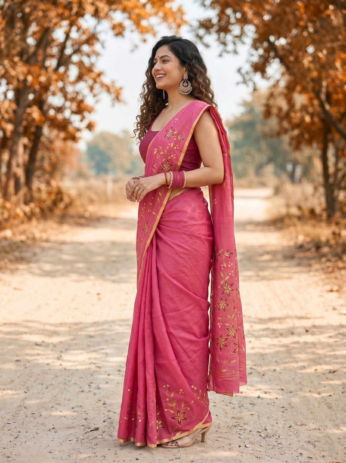 MIMOSA Pink Banarasi chiffon Saree — close up of model's face
